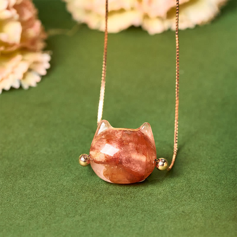 Wear FengShui 925 Sterling Silver Cat Head Natural Red Flower Quartz Protection Necklace Pendant