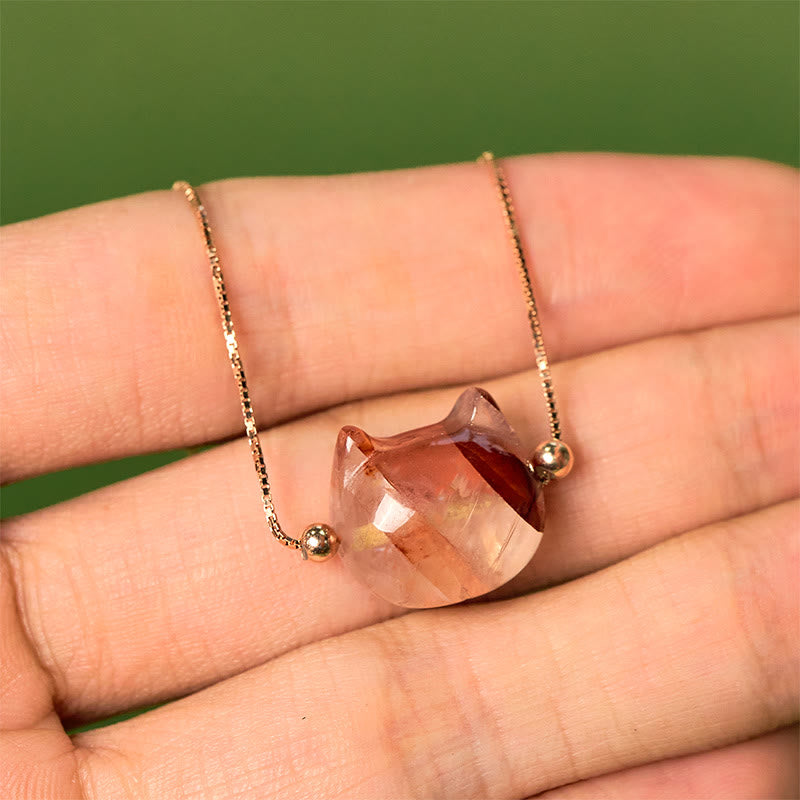 Wear FengShui 925 Sterling Silver Cat Head Natural Red Flower Quartz Protection Necklace Pendant