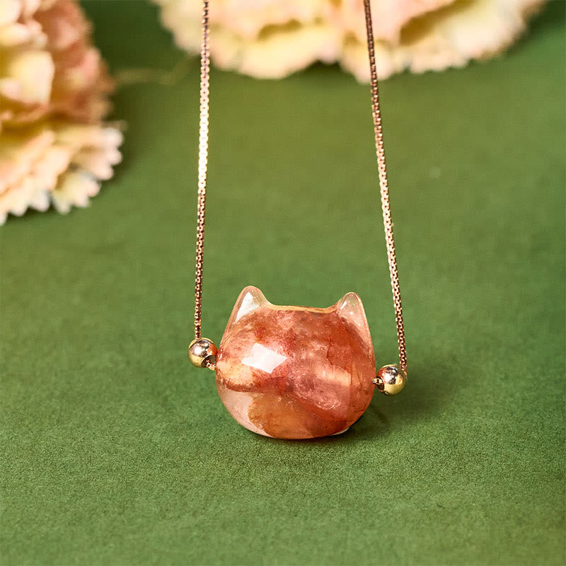 Wear FengShui 925 Sterling Silver Cat Head Natural Red Flower Quartz Protection Necklace Pendant