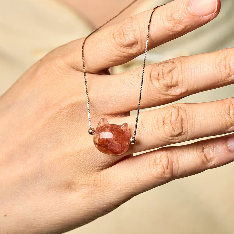Wear FengShui 925 Sterling Silver Cat Head Natural Red Flower Quartz Protection Necklace Pendant