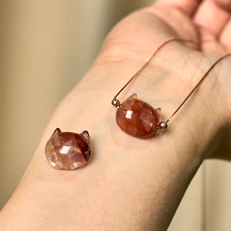 Wear FengShui 925 Sterling Silver Cat Head Natural Red Flower Quartz Protection Necklace Pendant