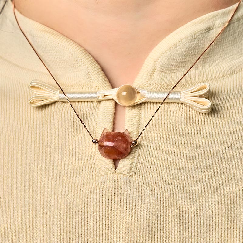 Wear FengShui 925 Sterling Silver Cat Head Natural Red Flower Quartz Protection Necklace Pendant