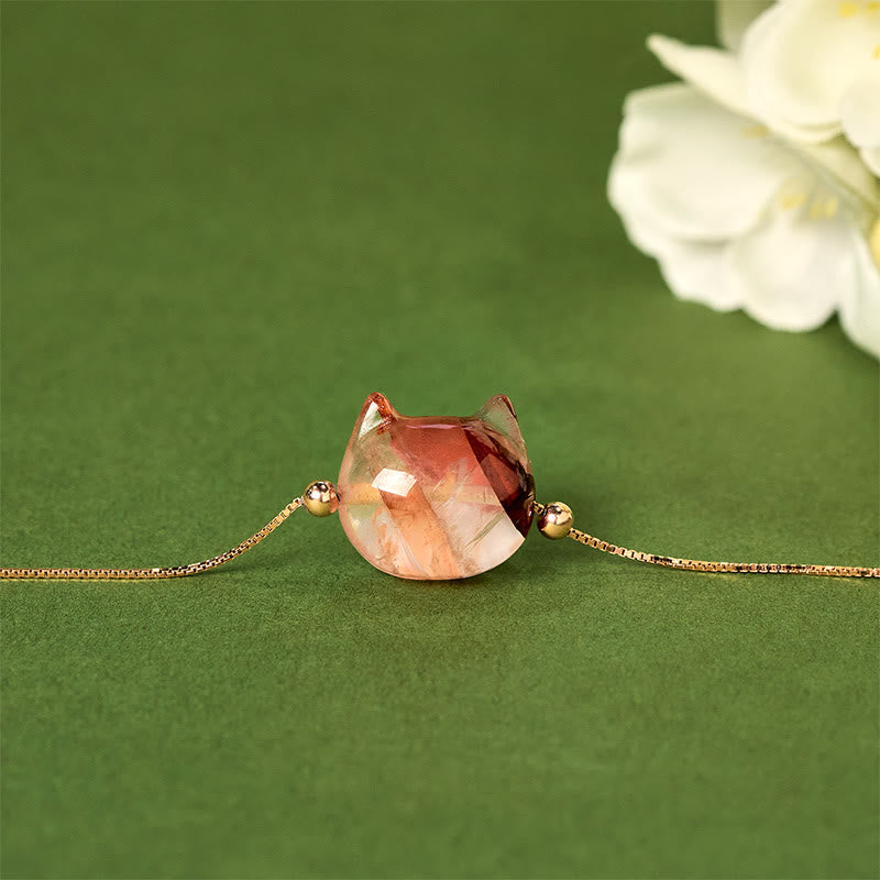 Wear FengShui 925 Sterling Silver Cat Head Natural Red Flower Quartz Protection Necklace Pendant