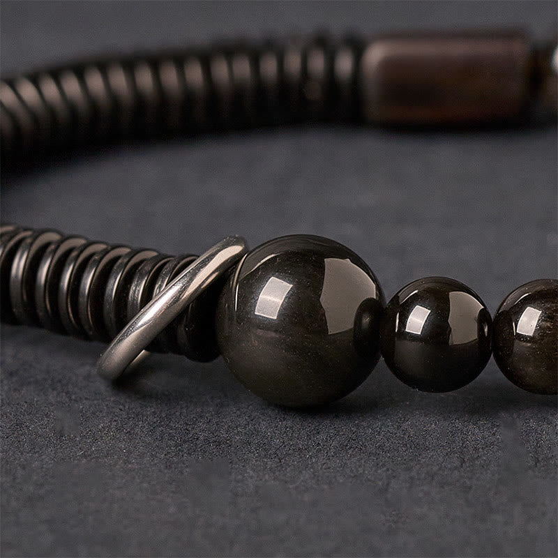 Wear FengShui Silver Sheen Obsidian Coconut Shell Protection Bracelet