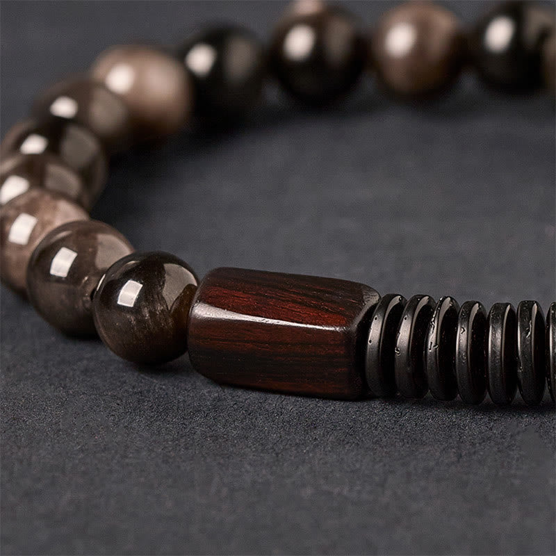 Wear FengShui Silver Sheen Obsidian Coconut Shell Protection Bracelet