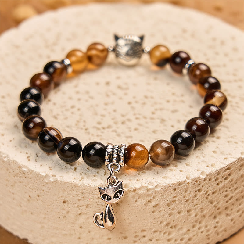 Wear FengShui Chocolate Siamese Cat Dark Brown Striped Agate Bead Protection Bracelet