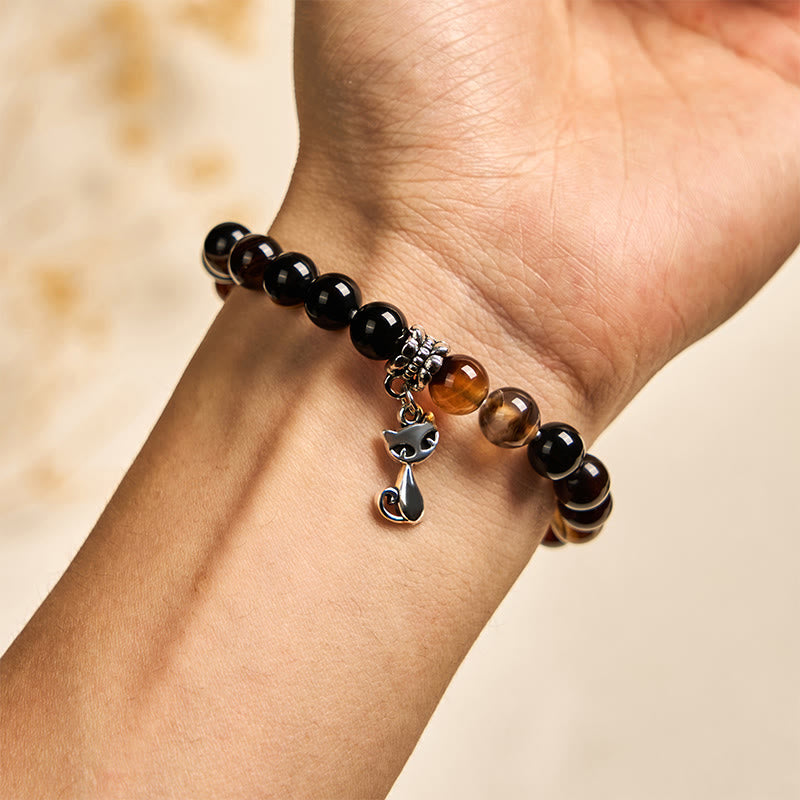 Wear FengShui Chocolate Siamese Cat Dark Brown Striped Agate Bead Protection Bracelet