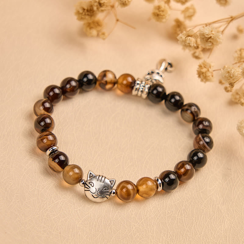 Wear FengShui Chocolate Siamese Cat Dark Brown Striped Agate Bead Protection Bracelet