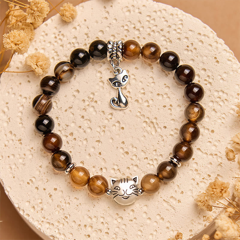 Wear FengShui Chocolate Siamese Cat Dark Brown Striped Agate Bead Protection Bracelet