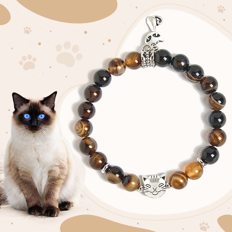 Wear FengShui Chocolate Siamese Cat Dark Brown Striped Agate Bead Protection Bracelet
