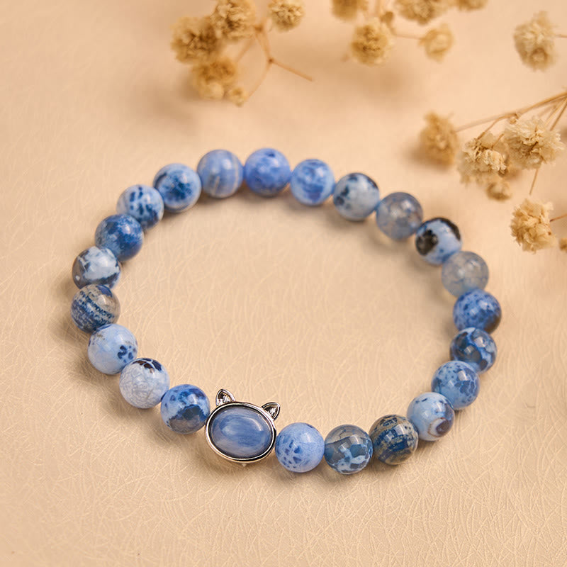 Wear FengShui Natural Cat Head Blue Agate Kyanite Protection Bracelet
