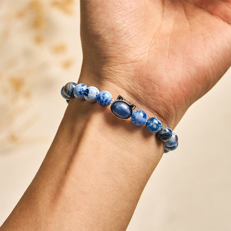 Wear FengShui Natural Cat Head Blue Agate Kyanite Protection Bracelet