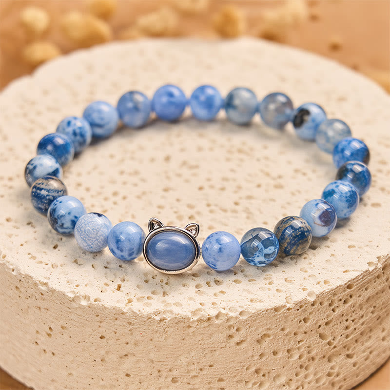 Wear FengShui Natural Cat Head Blue Agate Kyanite Protection Bracelet