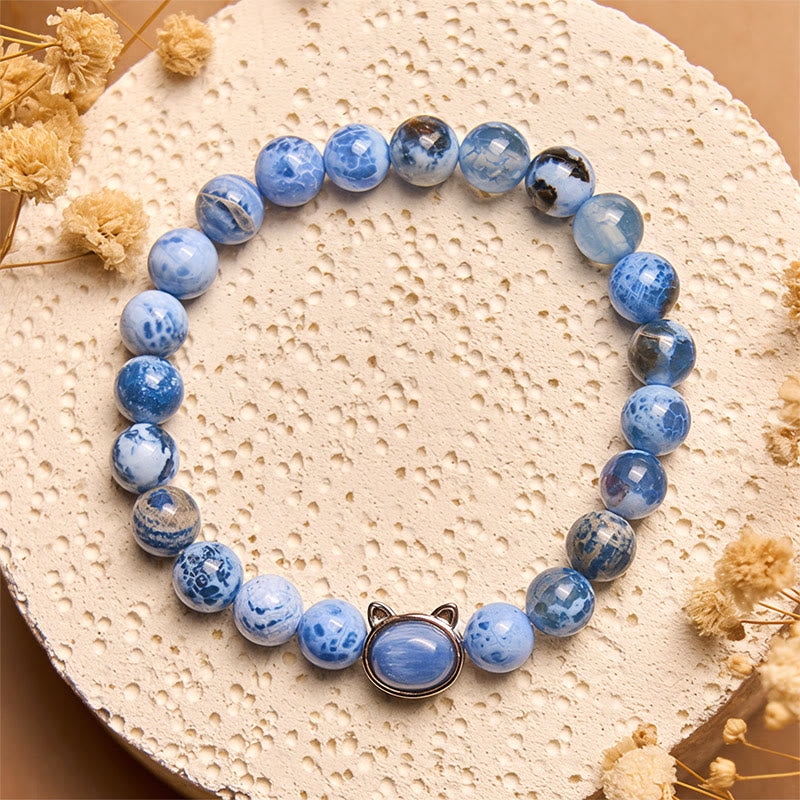 Wear FengShui Natural Cat Head Blue Agate Kyanite Protection Bracelet