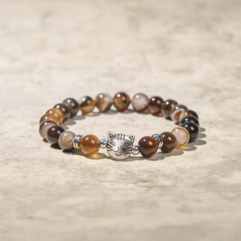 Wear FengShui Chocolate Siamese Cat Natural Brown Striped Agate Bead Stability Bracelet