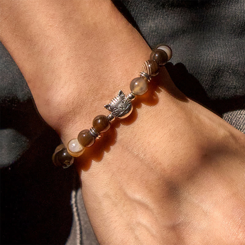 Wear FengShui Chocolate Siamese Cat Natural Brown Striped Agate Bead Stability Bracelet