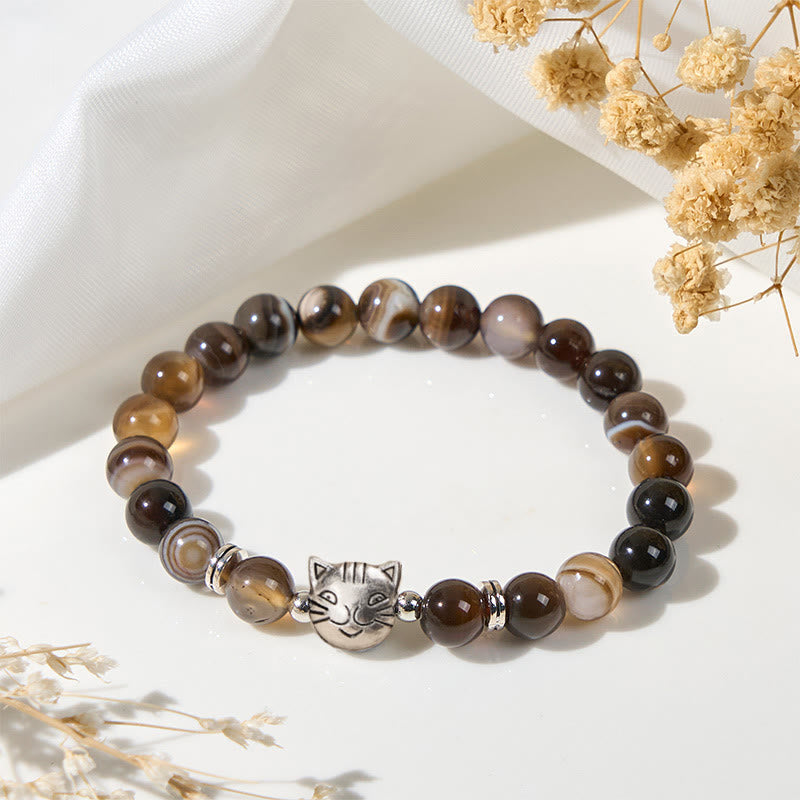 Wear FengShui Chocolate Siamese Cat Natural Brown Striped Agate Bead Stability Bracelet