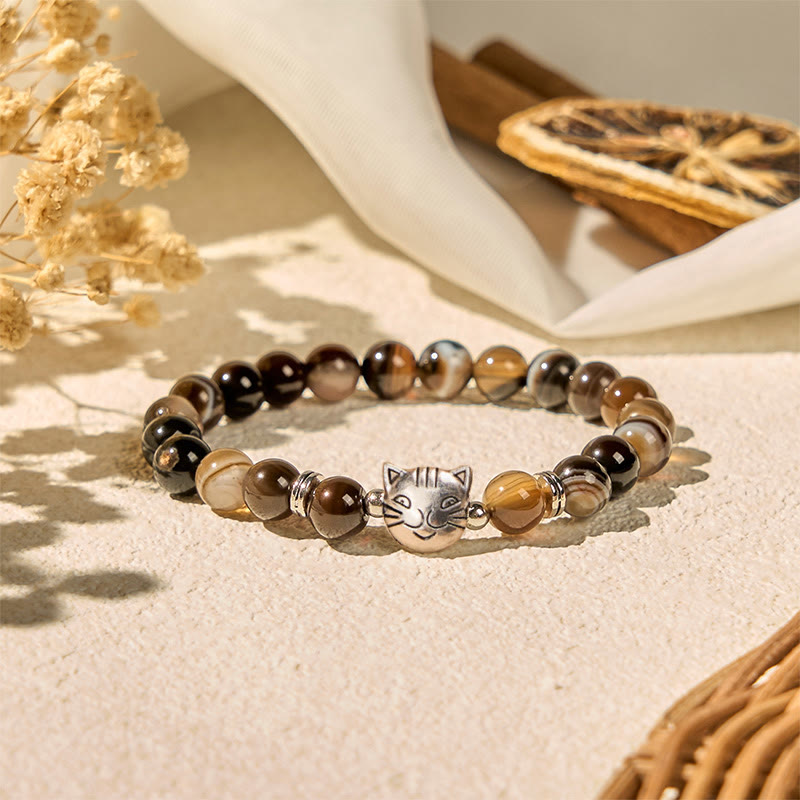 Wear FengShui Chocolate Siamese Cat Natural Brown Striped Agate Bead Stability Bracelet