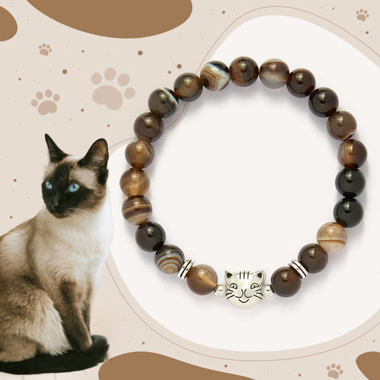 Wear FengShui Chocolate Siamese Cat Natural Brown Striped Agate Bead Stability Bracelet