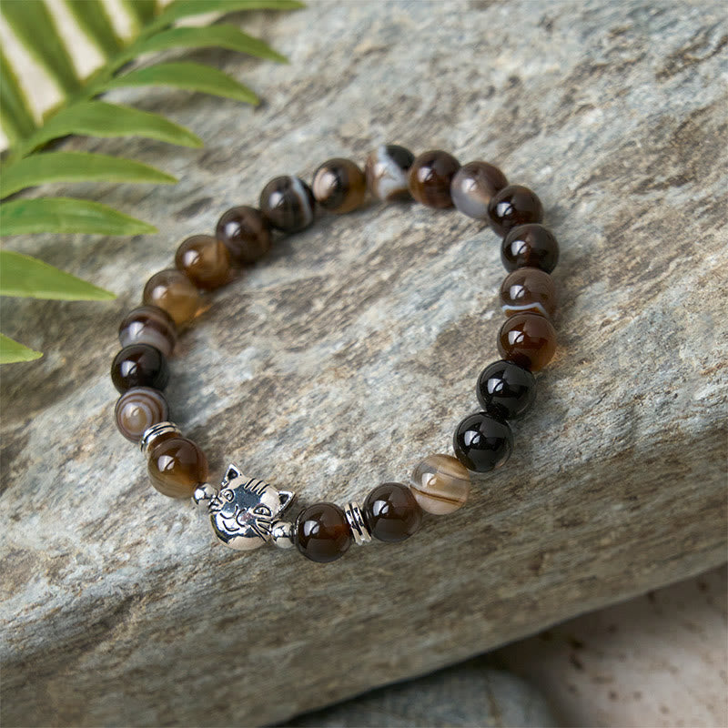 Wear FengShui Chocolate Siamese Cat Natural Brown Striped Agate Bead Stability Bracelet