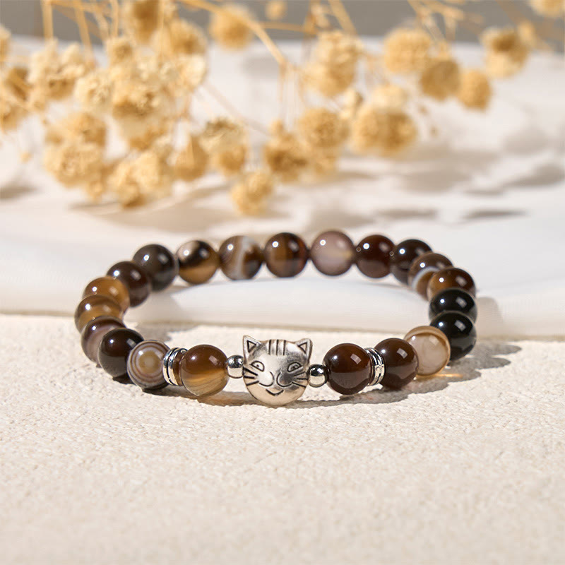 Wear FengShui Chocolate Siamese Cat Natural Brown Striped Agate Bead Stability Bracelet