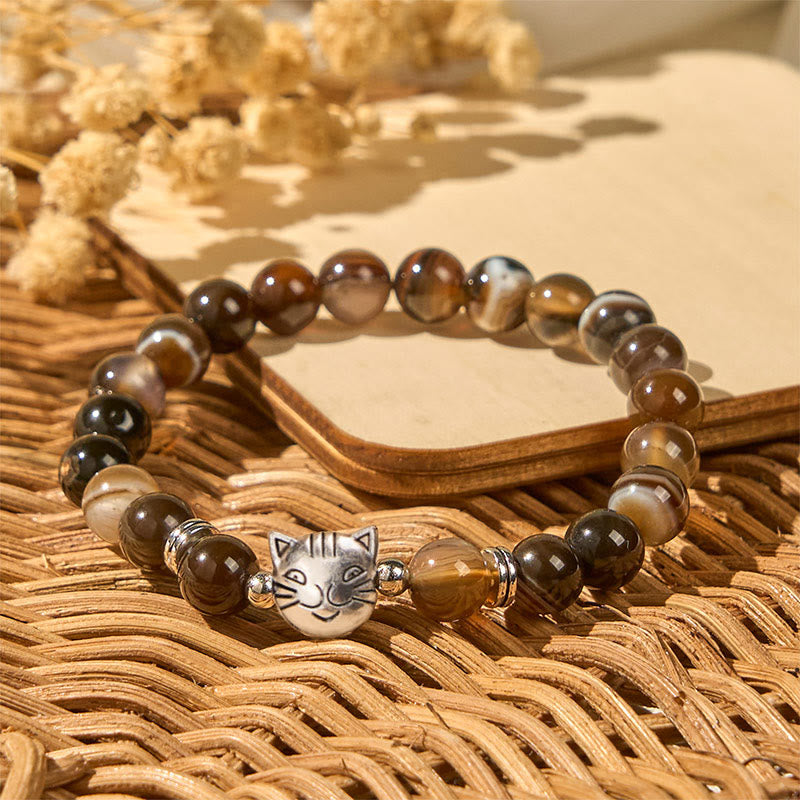Wear FengShui Chocolate Siamese Cat Natural Brown Striped Agate Bead Stability Bracelet