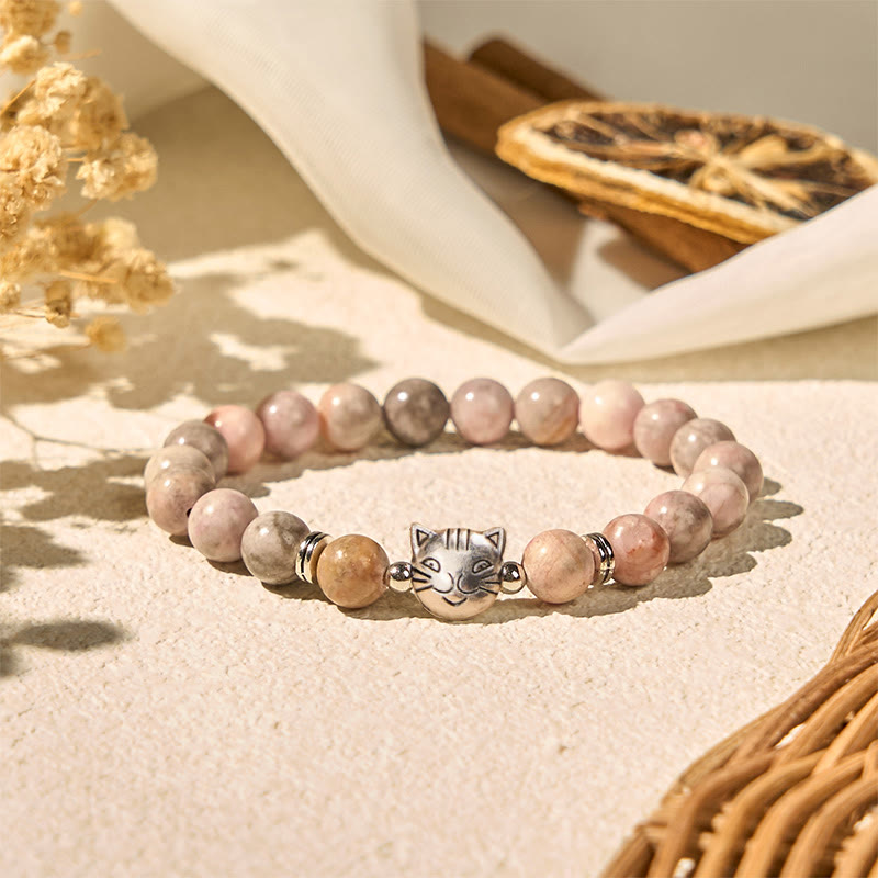 Wear FengShui 8mm Cat Design Zebra Jasper Protection Bracelet