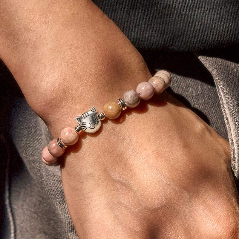 Wear FengShui 8mm Cat Design Zebra Jasper Protection Bracelet