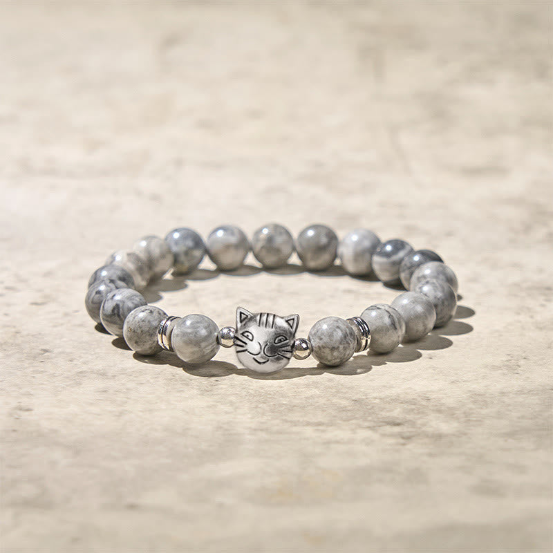 Wear FengShui Cute Cat Natural Grey Jasper Bead Healing Bracelet