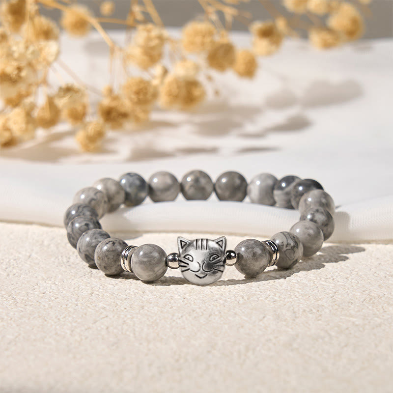 Wear FengShui Cute Cat Natural Grey Jasper Bead Healing Bracelet