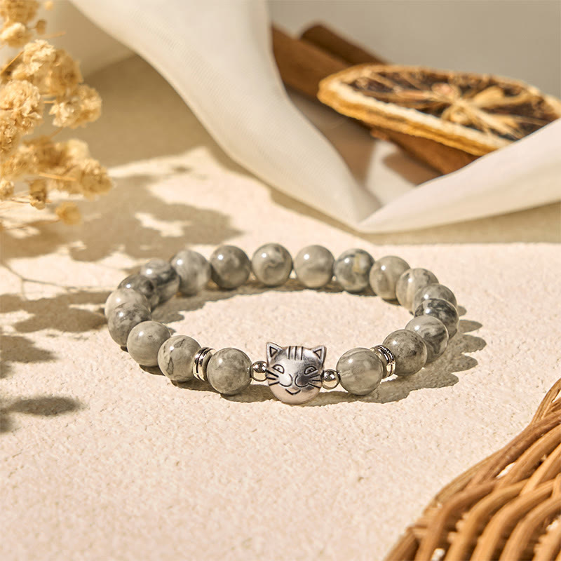 Wear FengShui Cute Cat Natural Grey Jasper Bead Healing Bracelet