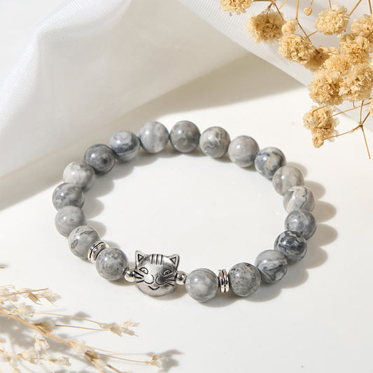 Wear FengShui Cute Cat Natural Grey Jasper Bead Healing Bracelet
