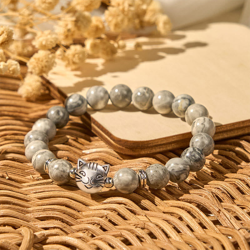 Wear FengShui Cute Cat Natural Grey Jasper Bead Healing Bracelet