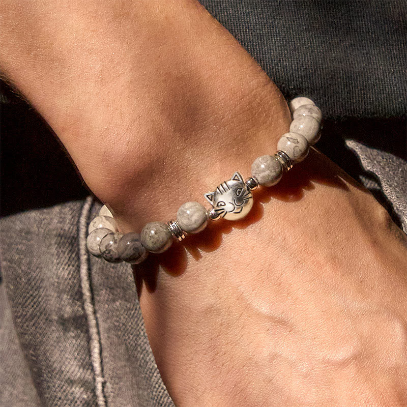Wear FengShui Cute Cat Natural Grey Jasper Bead Healing Bracelet
