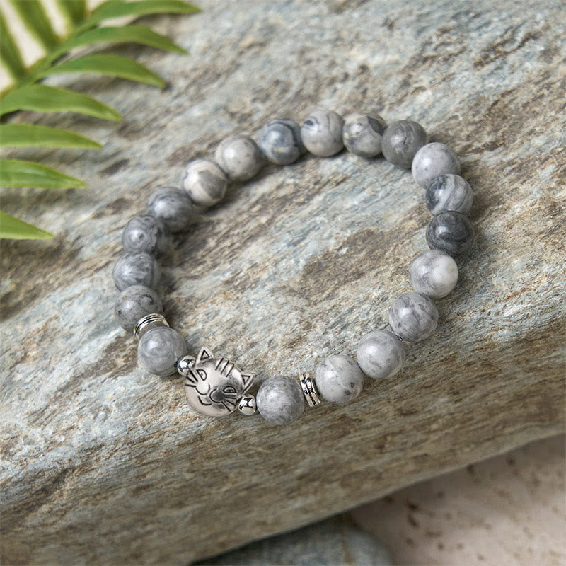 Wear FengShui Cute Cat Natural Grey Jasper Bead Healing Bracelet
