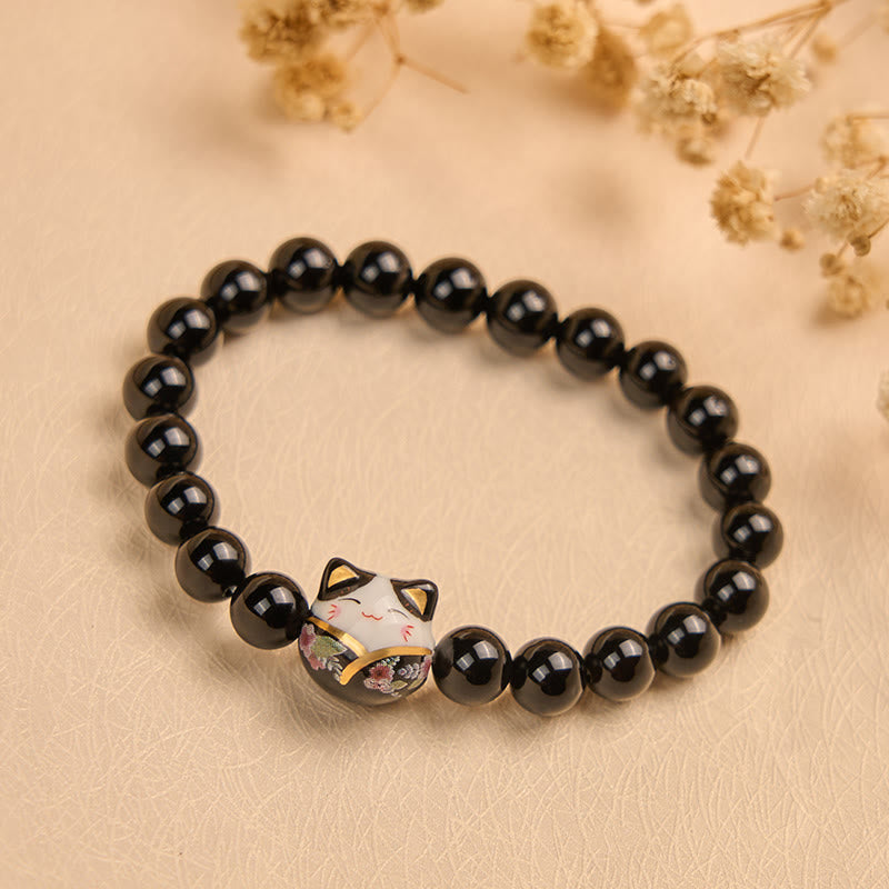 Wear FengShui Black Cat Natural Black Onyx Ceramic Kitten Fortune Bracelet