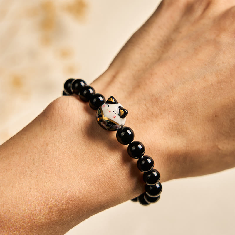 Wear FengShui Black Cat Natural Black Onyx Ceramic Kitten Fortune Bracelet