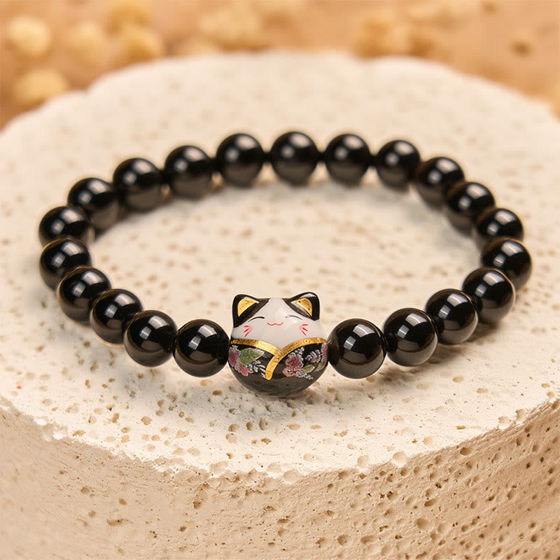 Wear FengShui Black Cat Natural Black Onyx Ceramic Kitten Fortune Bracelet