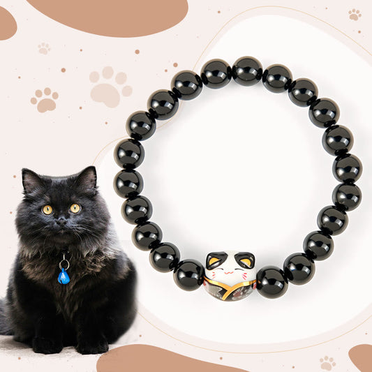Wear FengShui Black Cat Natural Black Onyx Ceramic Kitten Fortune Bracelet