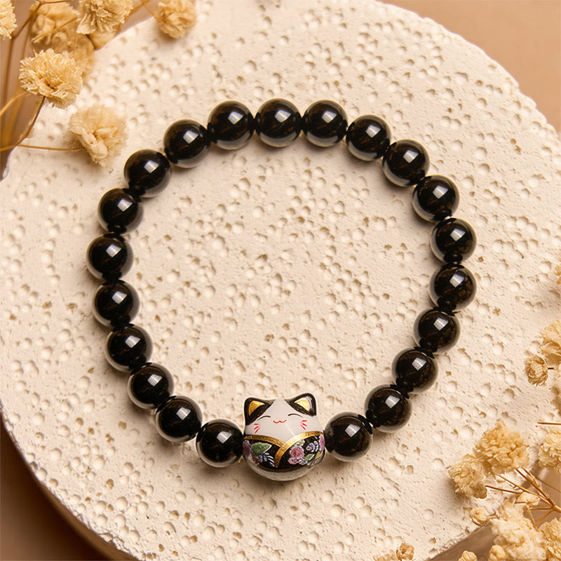 Wear FengShui Black Cat Natural Black Onyx Ceramic Kitten Fortune Bracelet
