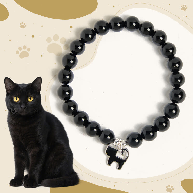 Wear FengShui 925 Sterling Silver Kitten Charm Black Cat Natural Black Onyx Protection Bracelet