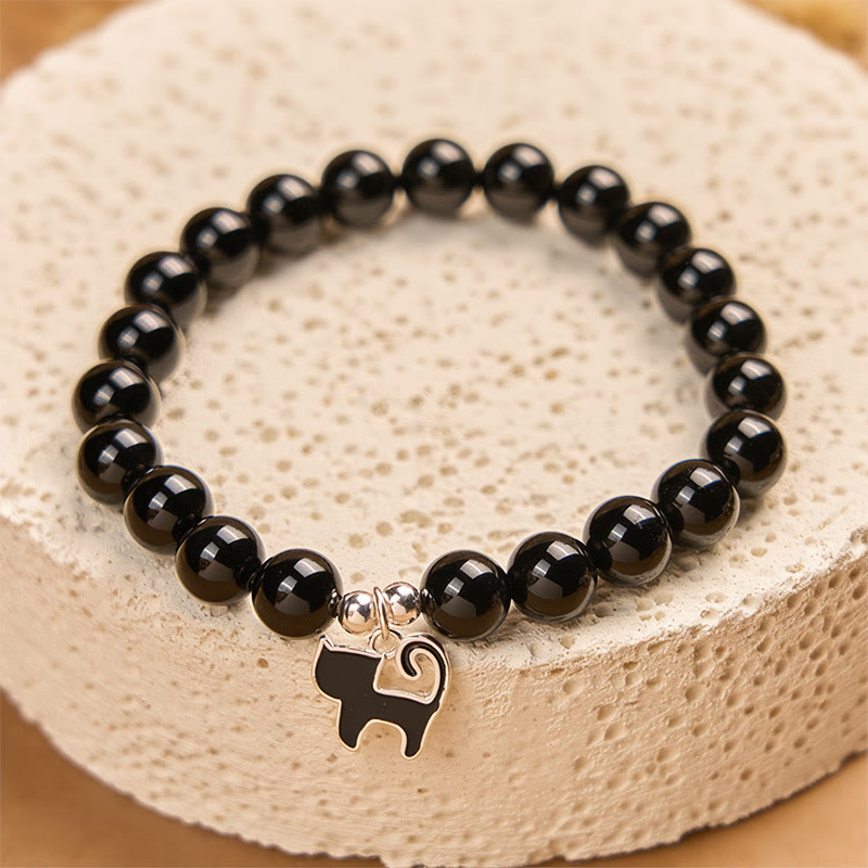 Wear FengShui 925 Sterling Silver Kitten Charm Black Cat Natural Black Onyx Protection Bracelet