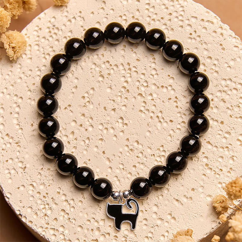 Wear FengShui 925 Sterling Silver Kitten Charm Black Cat Natural Black Onyx Protection Bracelet