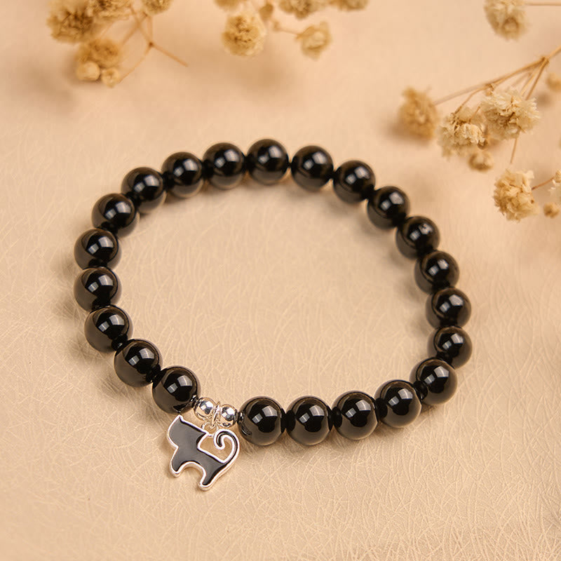Wear FengShui 925 Sterling Silver Kitten Charm Black Cat Natural Black Onyx Protection Bracelet