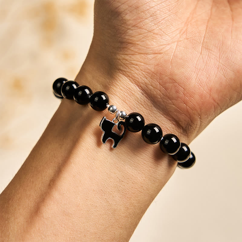 Wear FengShui 925 Sterling Silver Kitten Charm Black Cat Natural Black Onyx Protection Bracelet
