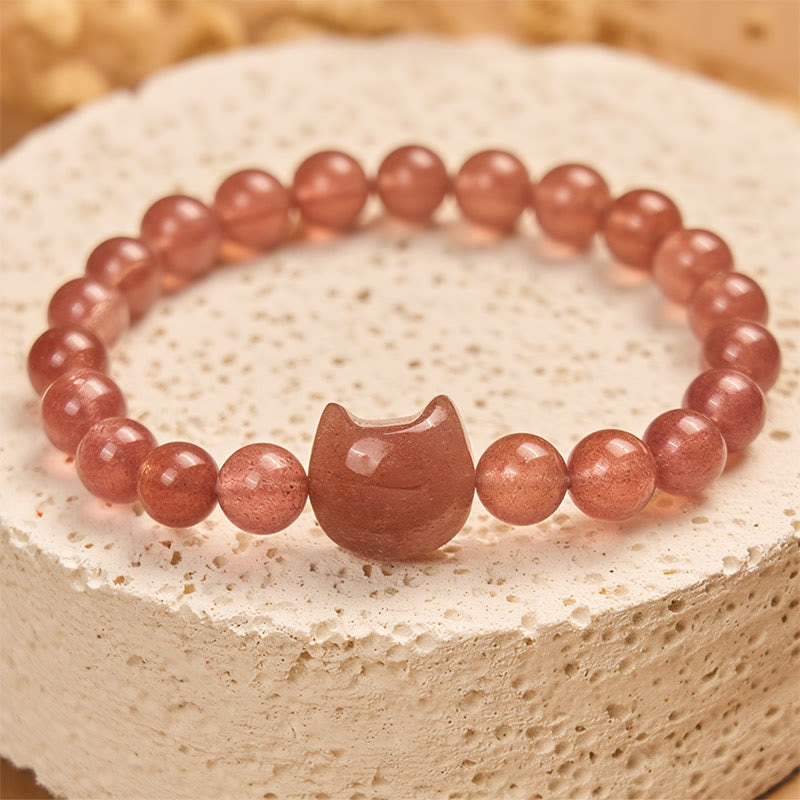 Wear FengShui Natural Strawberry Quartz Cat Healing Positive Bracelet