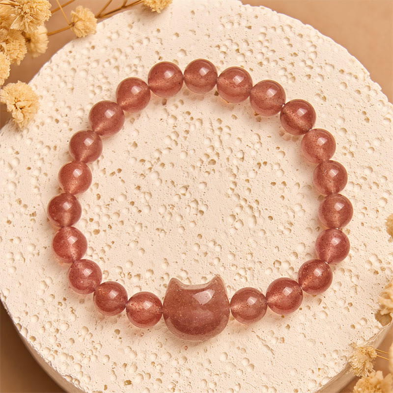 Wear FengShui Natural Strawberry Quartz Cat Healing Positive Bracelet