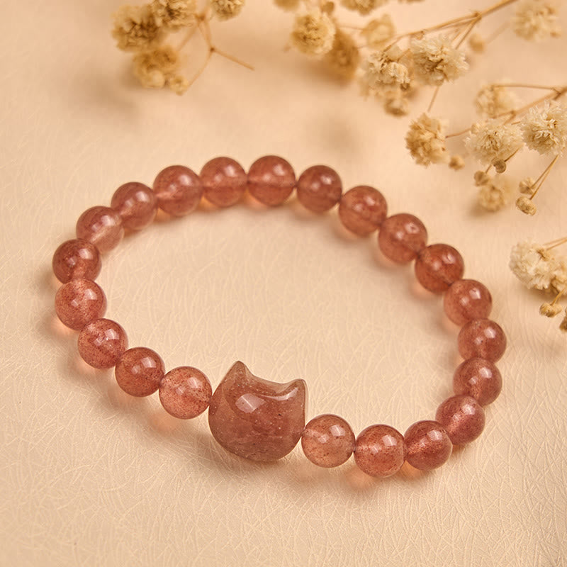 Wear FengShui Natural Strawberry Quartz Cat Healing Positive Bracelet