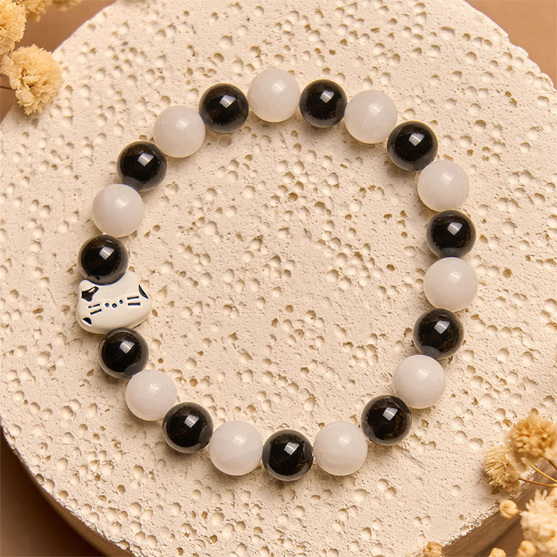 Wear FengShui Bicolor Cat Black Onyx White Chalcedony Fortune Bracelet