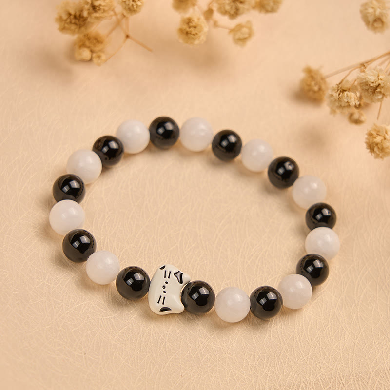 Wear FengShui Bicolor Cat Black Onyx White Chalcedony Fortune Bracelet